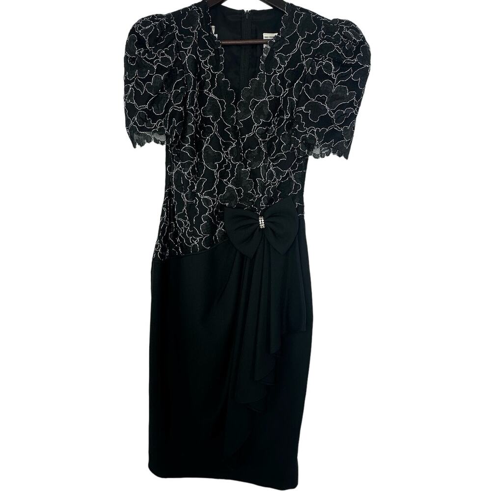 Vintage 80s Leslie Fay Black Silver Lace Cocktail Party Dress Size 4